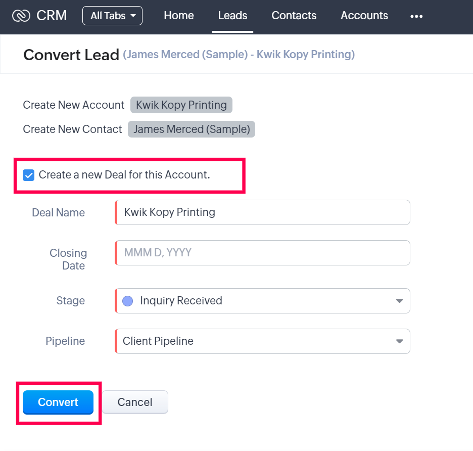 How to convert a lead into a contact in Zoho CRM